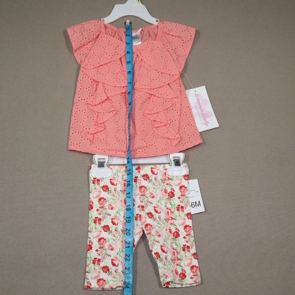 Bonnie Baby Baby Girls Short Sleeve Ruffle Eyelet‎ Top and Floral Capri - Coral